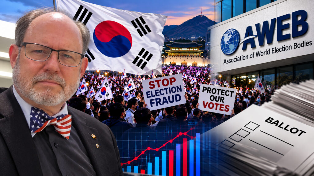 Illustrative composite featuring Dr. Douglas G. Frank, the South Korean flag, election protesters, ballots, and A-WEB imagery.