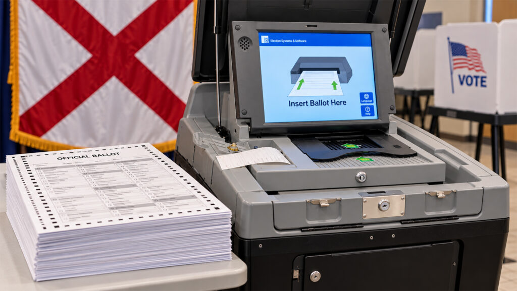 AI-generated illustration of an ES&S DS200-style ballot tabulator beside a stack of official ballots, with an Alabama flag in the background.