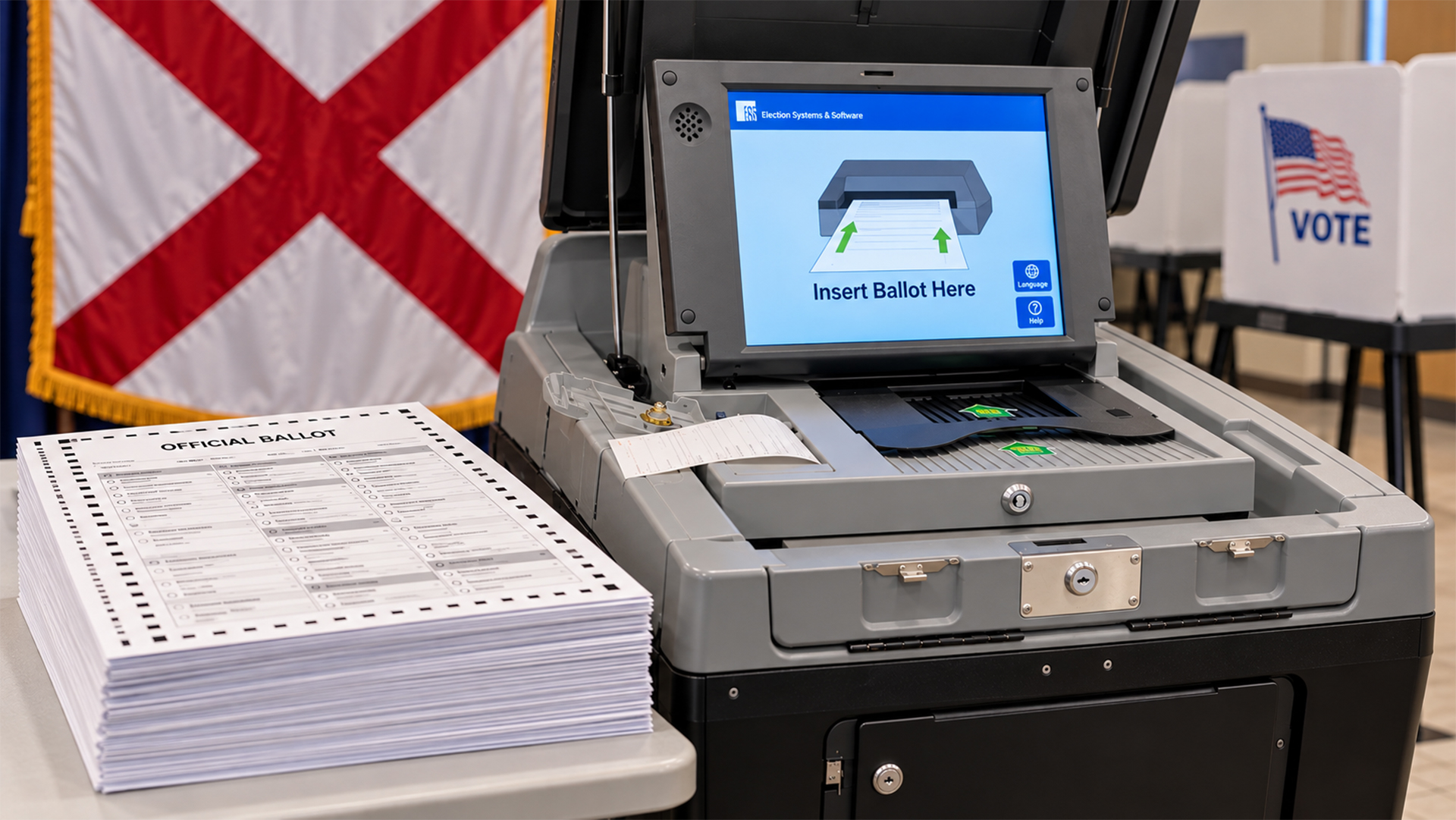 AI-generated illustration of an ES&S DS200-style ballot tabulator beside a stack of official ballots, with an Alabama flag in the background.