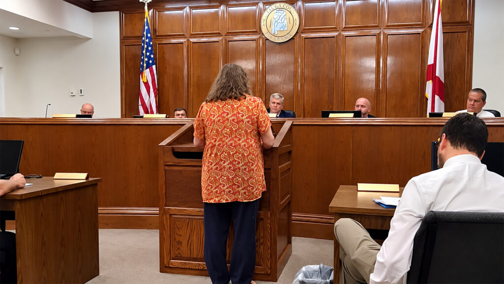Lori Herring addresses the Autauga County Commission from the podium during its October 6, 2026, meeting.