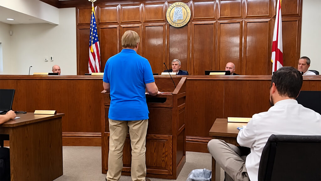 Ted addresses the Autauga County Commission from the podium during its October 6, 2026, meeting.