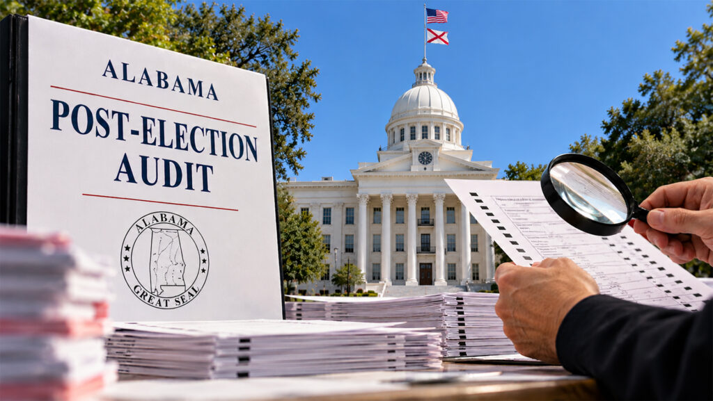Illustration of an Alabama post-election audit, with paper ballots being examined using a magnifying glass and the Alabama State Capitol in the background.