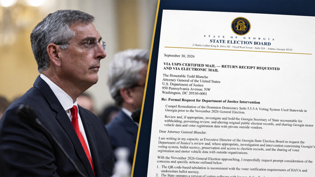 Composite showing Brad Raffensperger beside the Georgia State Election Board’s September 30, 2026, letter requesting DOJ intervention.